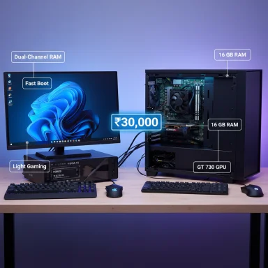 Desktop PC setup with labeled RAM, GT 730 GPU, and ₹30,000 price tag.