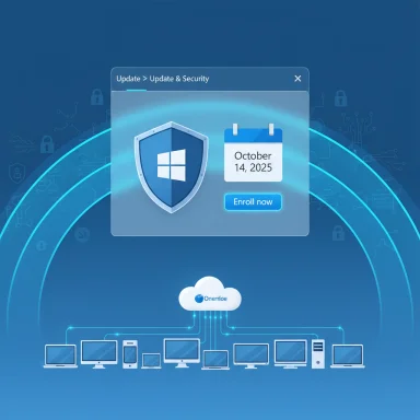 Windows security update alert with calendar date October 14, 2025, over a cloud-connected network.