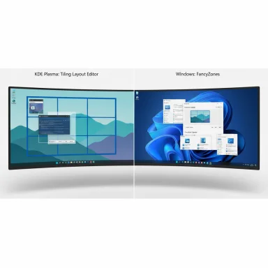 Split curved monitor displays showing KDE Plasma tiling layout editor (left) and Windows FancyZones (right).