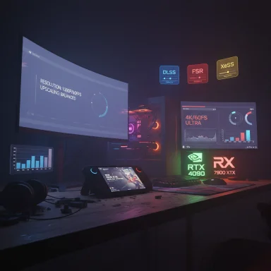Neon-lit gaming desk with curved monitor, multiple screens, handheld device, and RTX 4090 / RX 7900 XTX.