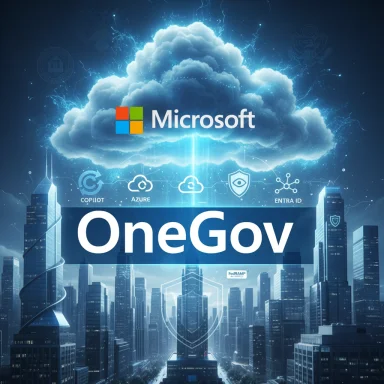 Microsoft OneGov: a cloud-based government platform in a futuristic blue cityscape.