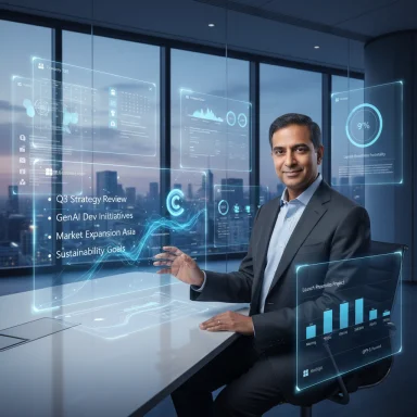 A businessman in a suit interacts with futuristic holographic dashboards in a modern office.