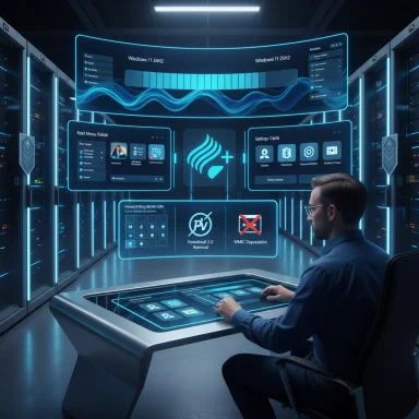A man sits at a neon-blue, holographic control desk in a futuristic data center.