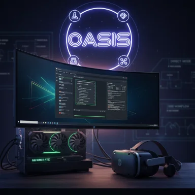 A high-end gaming setup with an RTX PC, curved monitor, VR headset, and a neon Oasis logo.