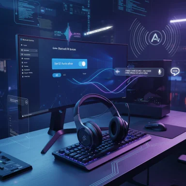 Futuristic desk setup with a neon blue holographic UI, headset, keyboard, and monitor.