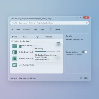 Blue rounded ZIP extractor window showing 75% progress on Rocket_Blueprints.cbz with file list and details panel.