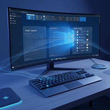 Curved ultrawide monitor on a desk with a backlit keyboard and blue ambient lighting.