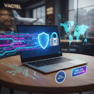 A laptop on a table shows holographic security graphics—shield, padlock, world map, and DNS leak protection.
