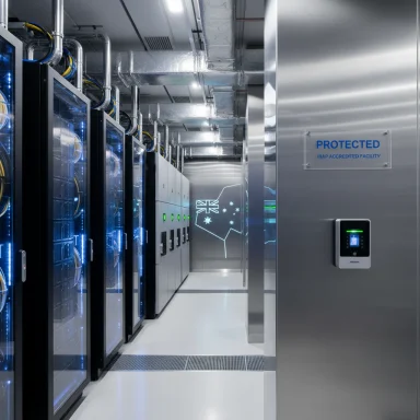 A high-tech data center with glass-front server racks, blue LED lighting, and IRAP-accredited protected access.