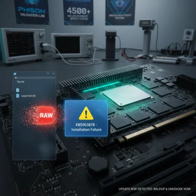A high-tech PC motherboard with a KB5063878 installation failure alert and RAW disk warning.