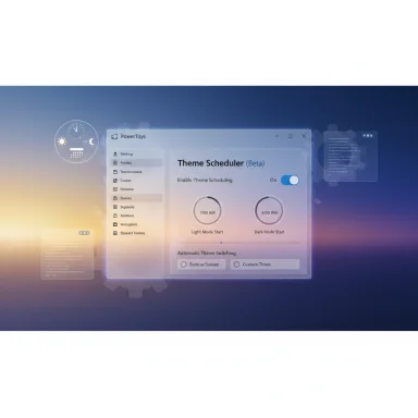 Futuristic UI screen showing a Theme Scheduler with light/dark mode start times.