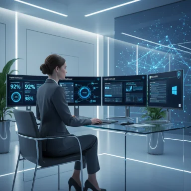 A professional woman in a suit monitors multiple high-tech dashboards in a futuristic control room.