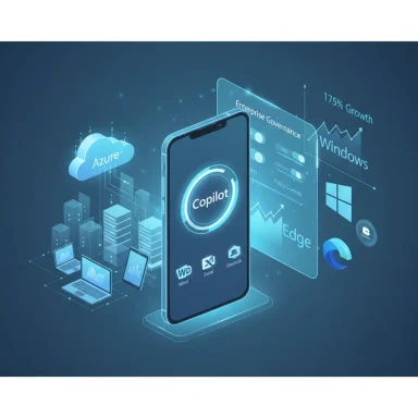 Futuristic Copilot on a smartphone amid Azure cloud and Windows/Edge ecosystem.