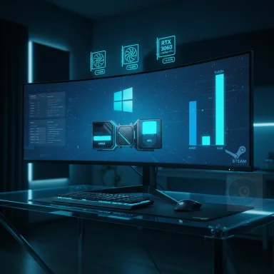 Futuristic gaming setup featuring a curved monitor, neon blue HUD, and holographic GPU icons.