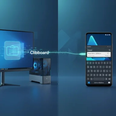A blue-lit desktop PC and a smartphone show clipboard sharing between devices.