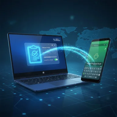 Laptop and smartphone exchange data over a glowing blue network.