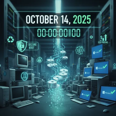 A futuristic data center filled with vintage PCs and glowing holograms showing October 14, 2025.