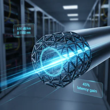 Futuristic data center fiber optic cable encased in a transparent lattice sphere with holographic readouts.