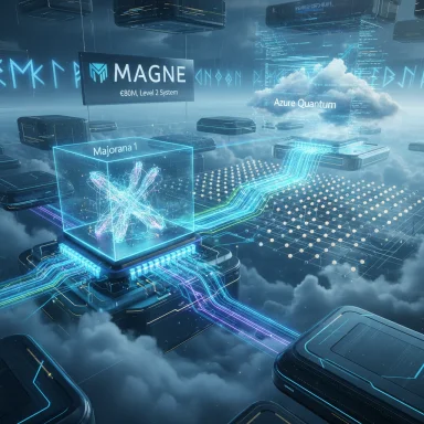 Futuristic cloud-based quantum network featuring a Majorana 1 cube and Azure Quantum.