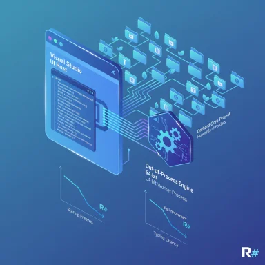 Isometric infographic of Visual Studio UI Host connected to an out-of-process engine and hundreds of folders.