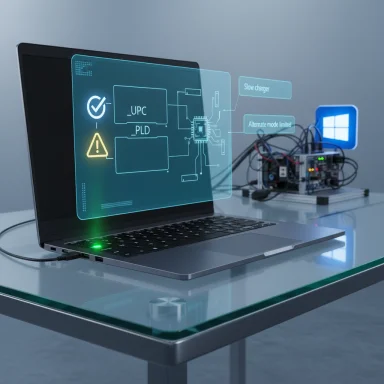 Laptop projecting holographic circuit diagrams in a high-tech electronics lab.