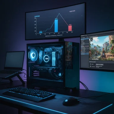 Gaming PC with a glass side panel, RGB lighting, and dual monitors.