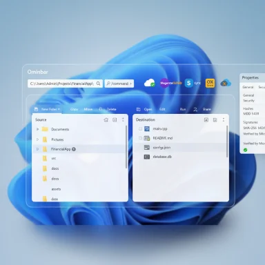 Ominbar UI with translucent dual-pane file explorer over a blue abstract background.