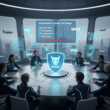 Futuristic roundtable with holographic AI displays around a glowing BSD shield.