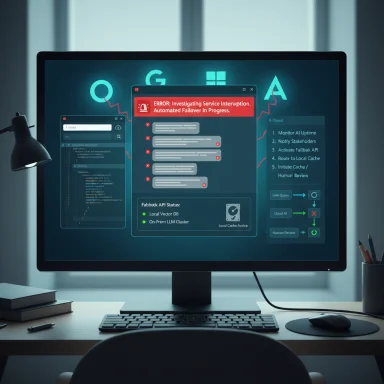 A computer monitor shows a futuristic diagnostics UI with an error alert and failover status.
