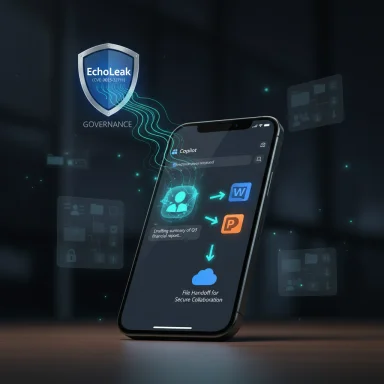A smartphone shows holographic secure data flow to the cloud under EchoLeak governance shield.