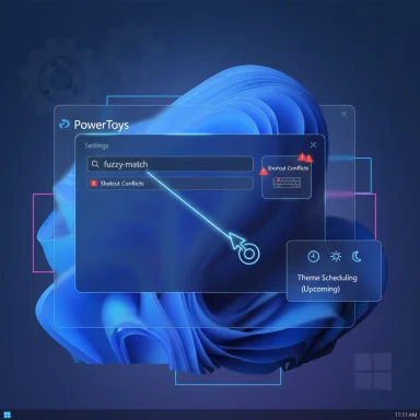 Neon blue Windows-style UI panels show PowerToys settings over a blue wallpaper.