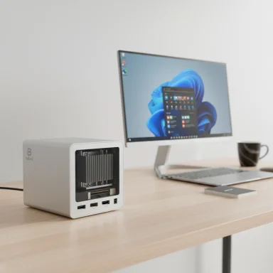 A white mini PC with an exposed heatsink sits on a wooden desk beside a large monitor.