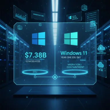 A futuristic holographic dashboard comparing Windows 11 and Windows 365 metrics and devices.