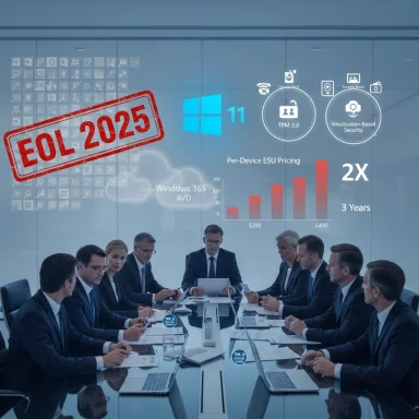 Boardroom meeting with Windows 11 graphics and a bold EOL 2025 stamp on the glass wall.