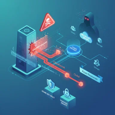 Isometric security diagram showing appsettings.json secrets exposed to a hacker via Azure resources.
