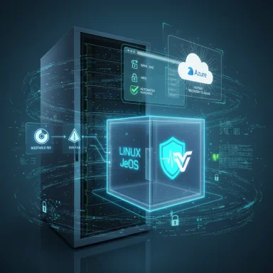 Futuristic data server with holographic Linux JeOS and Azure cloud icons.