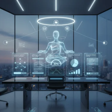 A futuristic boardroom with a holographic figure and floating data dashboards.