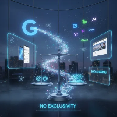Futuristic holographic scales symbolize open data sharing with AI logos and the phrase “NO EXCLUSIVITY.”