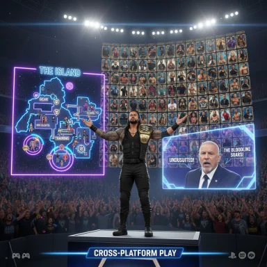 Pro wrestler with a championship belt stands center stage as a neon island map and wall of portraits loom behind.