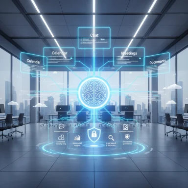 Futuristic holographic brain interface in a modern office, linking calendar, chat, meetings and documents.