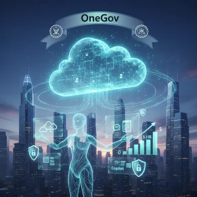 Futuristic cityscape featuring OneGov holographic cloud and digital government data visuals.
