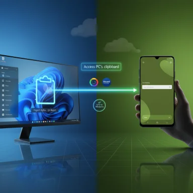 A PC and smartphone exchange clipboard data across a blue-green split-screen.