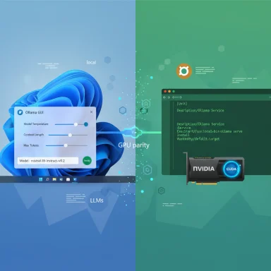Split blue-green scene showing local LLM GUI on the left and CUDA GPU code on the right.