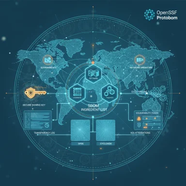 A blue holographic map showing SBOM ingredients (software, licenses, hashes) with global networks.