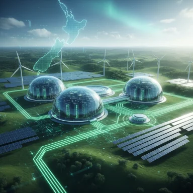 Futuristic eco-city in New Zealand with glass domes, wind turbines, solar panels, and neon energy grid.