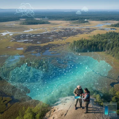 Two researchers map a wetlands landscape from a hilltop using digital map overlays.