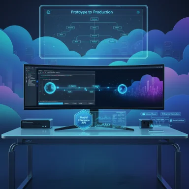 Futuristic AI lab desk with a large display and holographic data flowing over cloud-like visuals.