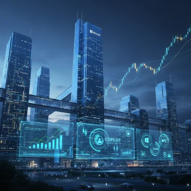 A futuristic city with glass skyscrapers and glowing holographic dashboards.
