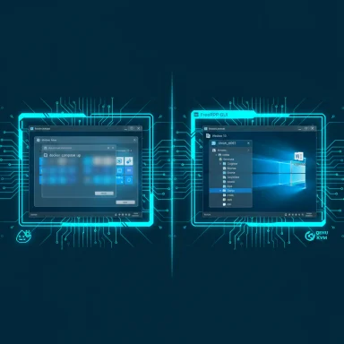 A futuristic blue split-screen showing two virtual desktops framed by neon circuitry.