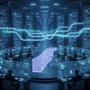 A futuristic command center with a holographic map of Italy and streaming data displays.